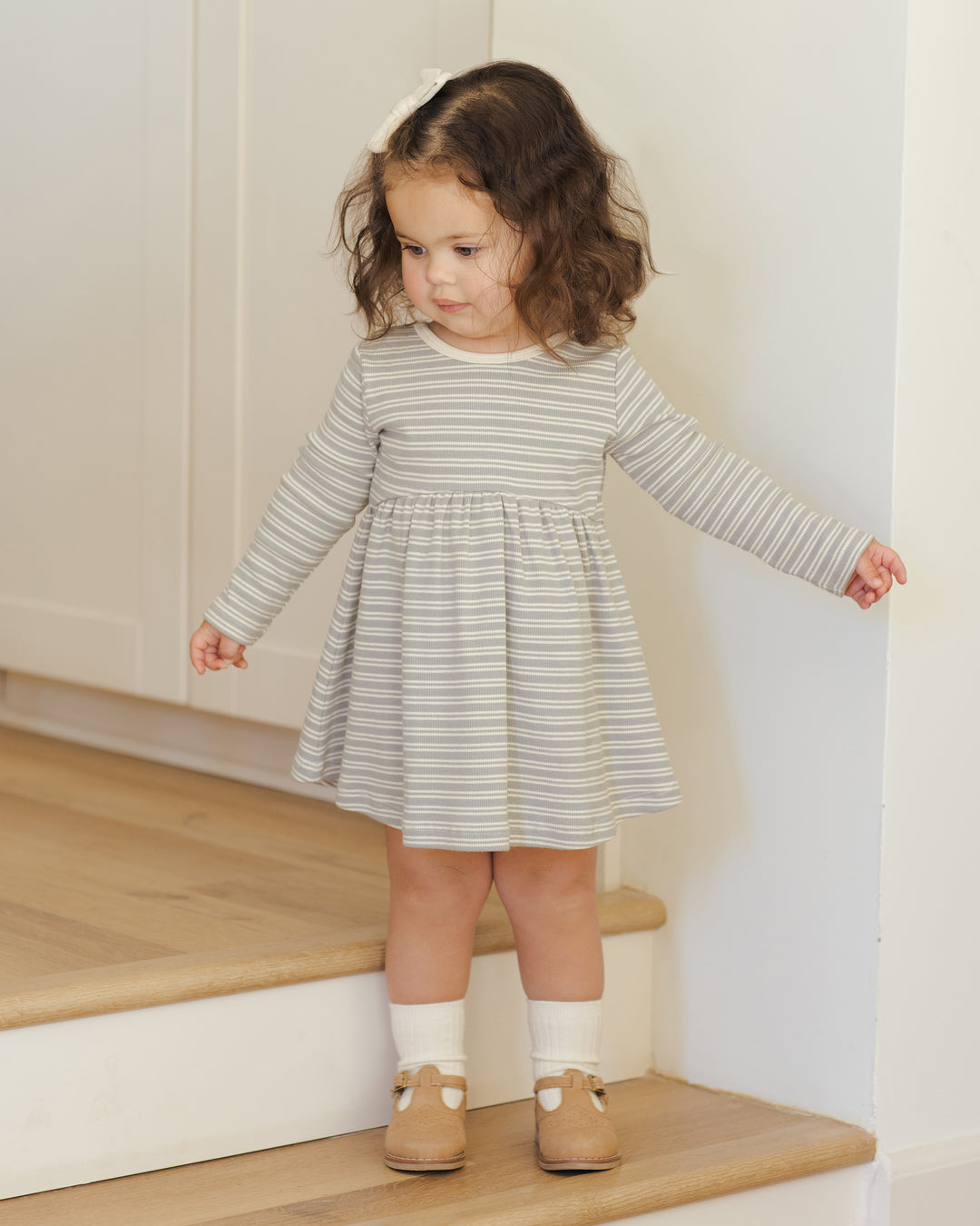 Ribbed L/S Dress, Steel Blue Micro Stripe