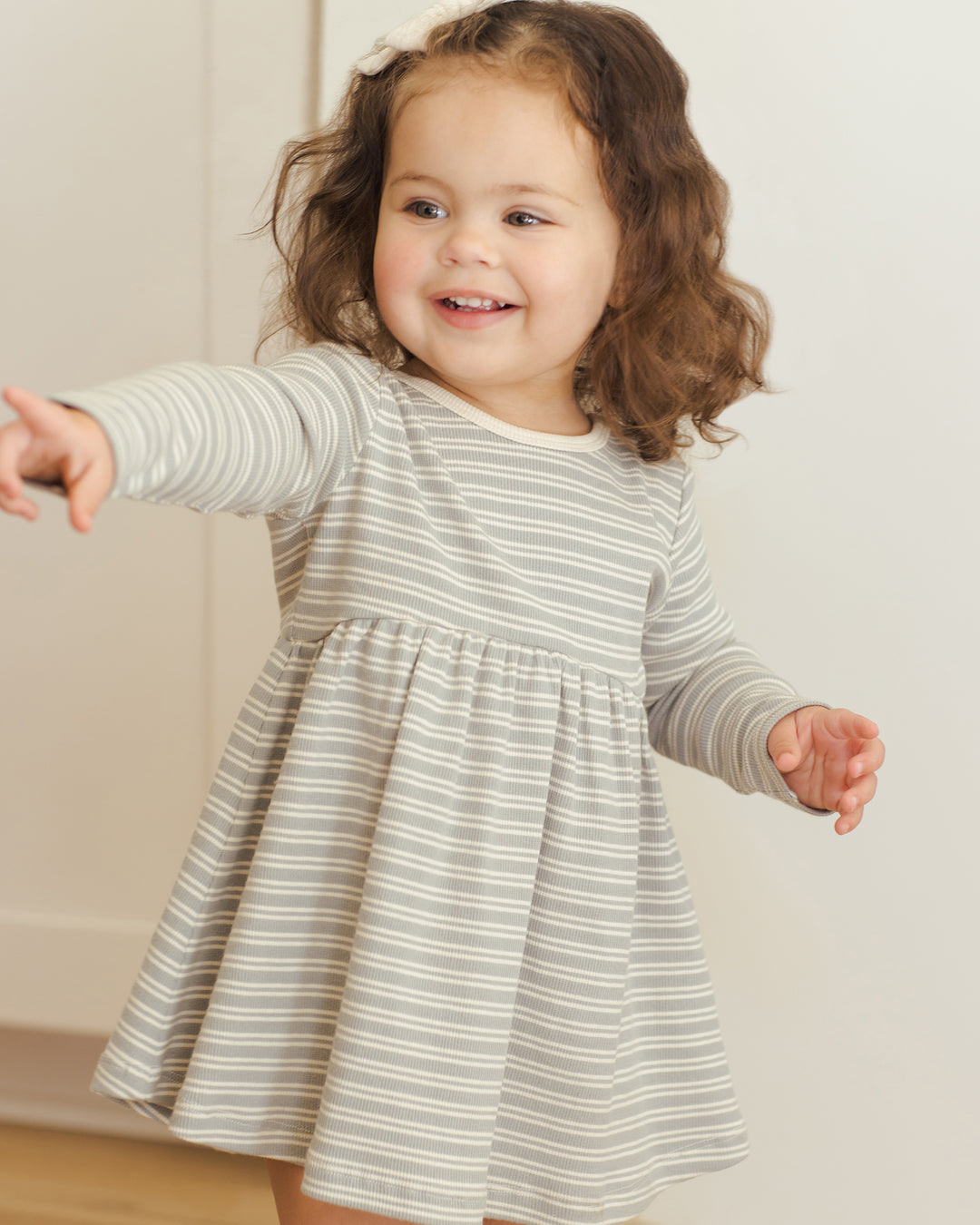 Ribbed L/S Dress, Steel Blue Micro Stripe