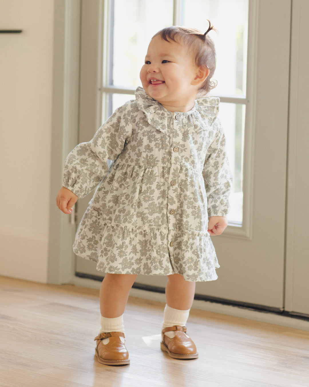 Ruffle Collar Button Dress, Green Floral