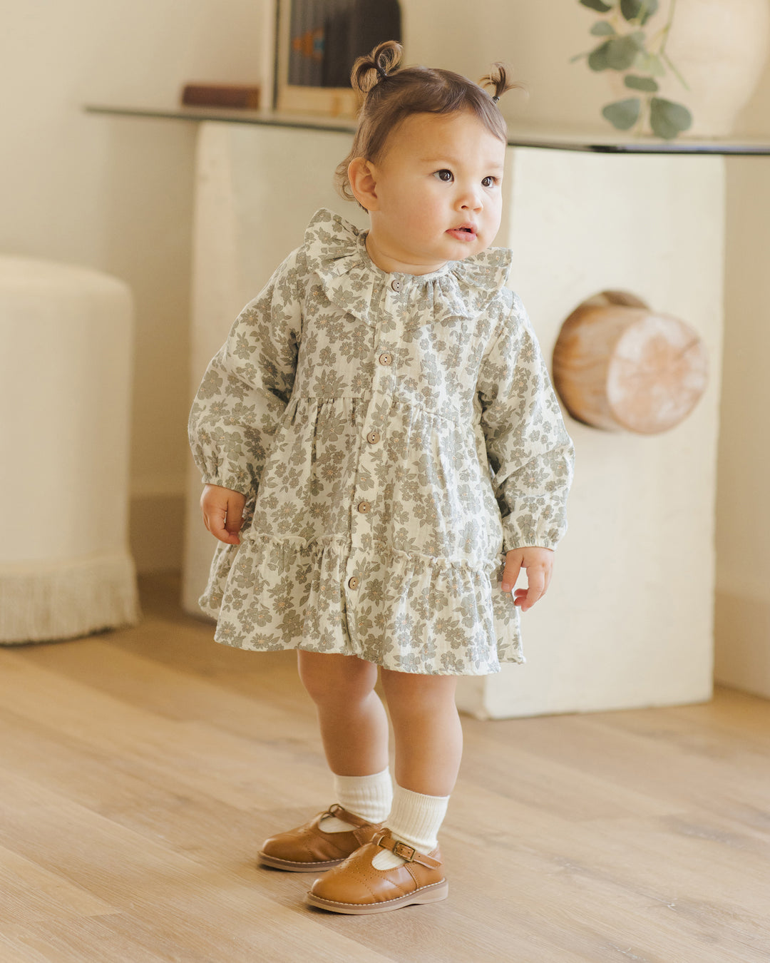 Ruffle Collar Button Dress, Green Floral