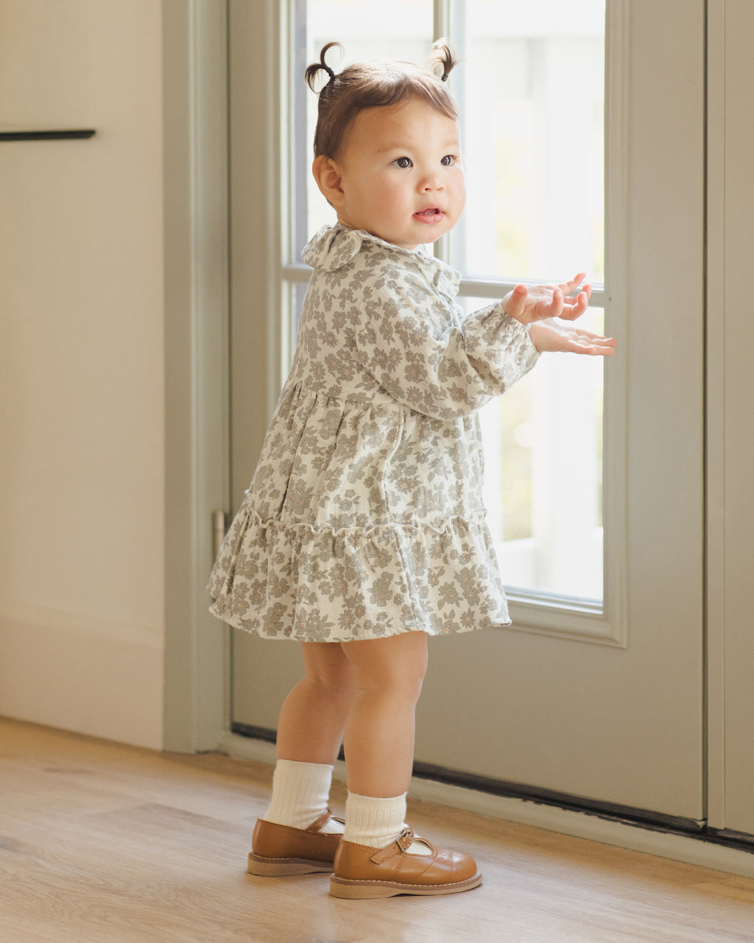 Ruffle Collar Button Dress, Green Floral