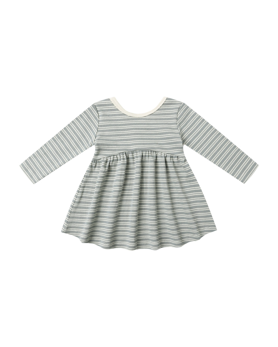 Quincy Mae Ribbed L/S Dress, Steel Blue Micro Stripe