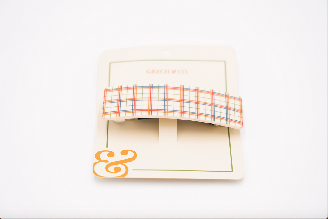 Wide Bar Clip, Flower - Plaid Pattern