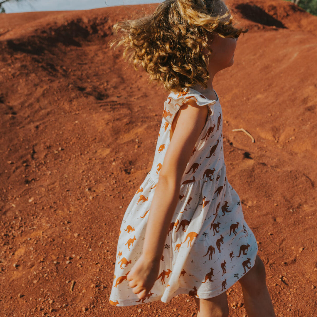 Sleeveless Dress, Kangaroo Mob - White Sand