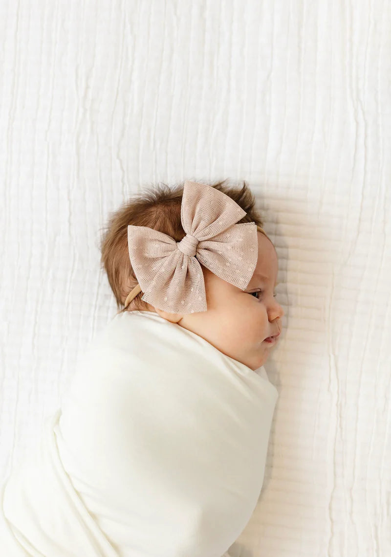 Bow Headband - Tulle, Tan Dot