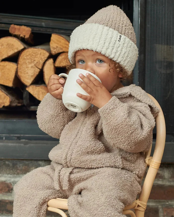 2-Tone Ribbed Beanie Fuzzy, Taupe Ecru