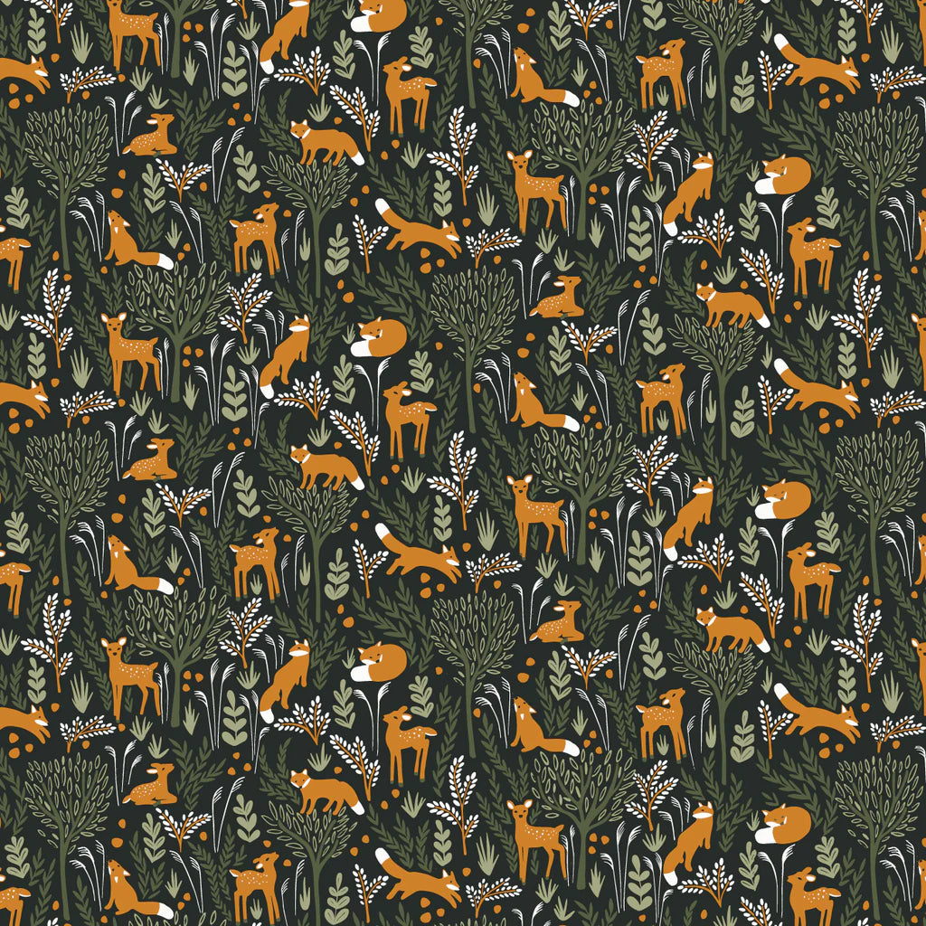 Long-Sleeve Romper, Deer & Foxes Dark Green