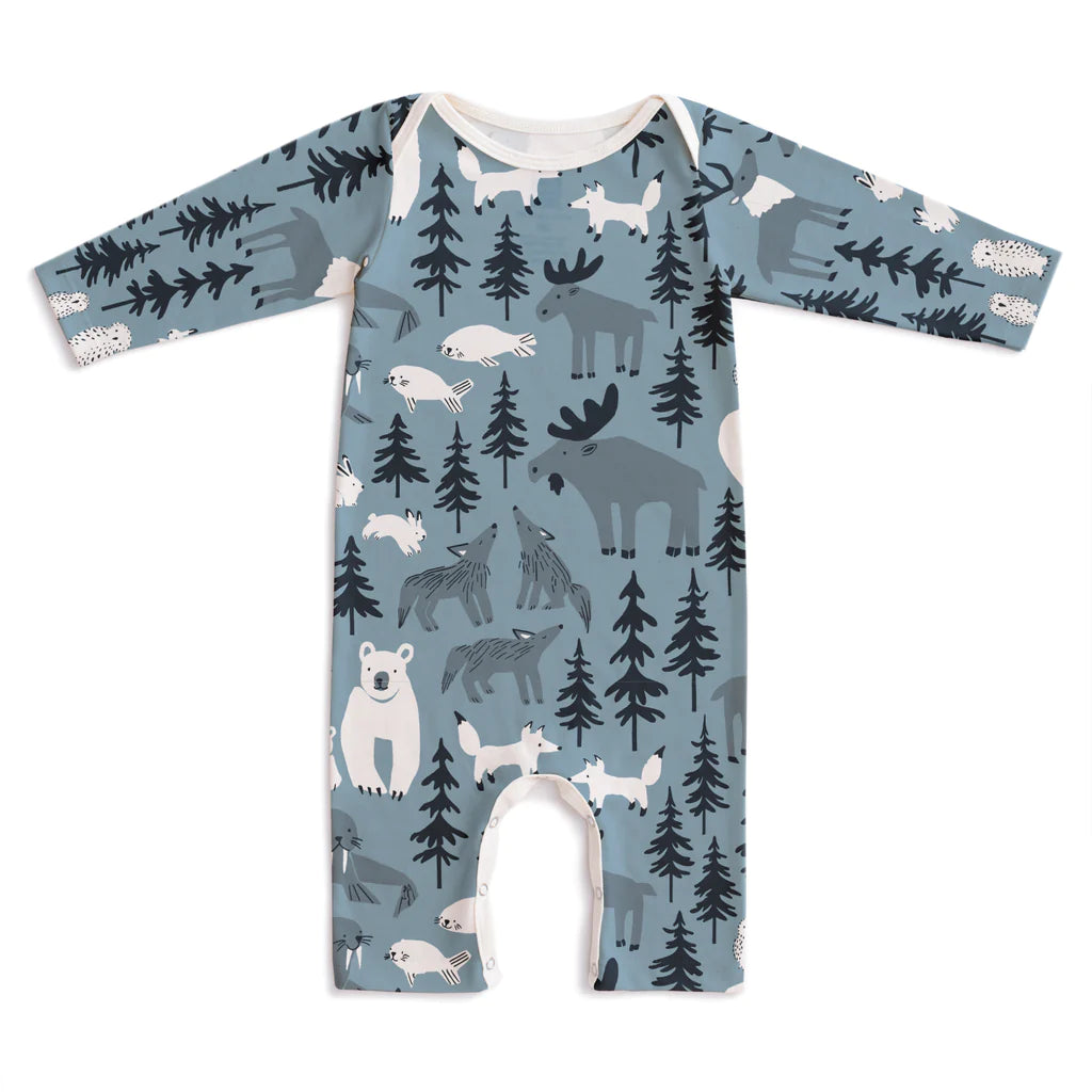 Long-Sleeve Romper, Northern Animals Mountain Blue