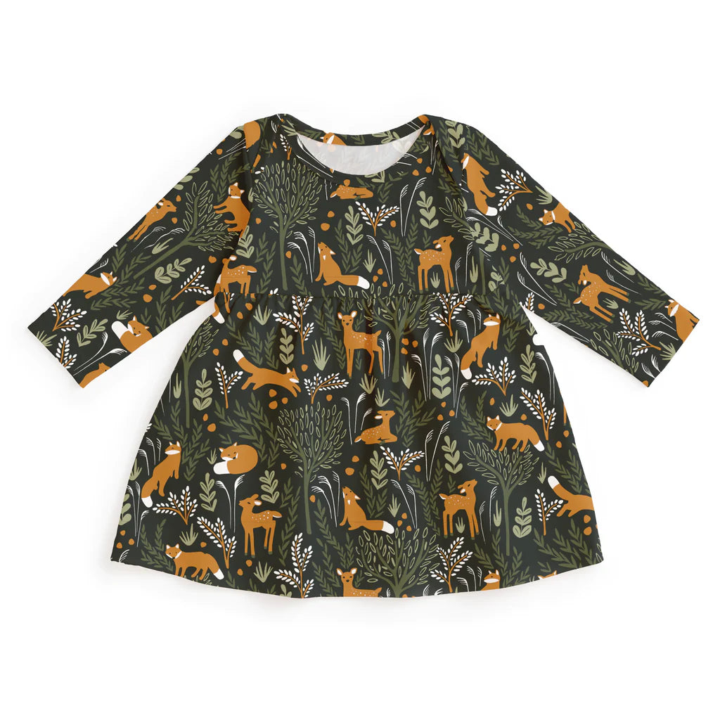 Lausanne Baby Dress, Deer & Foxes Dark Green