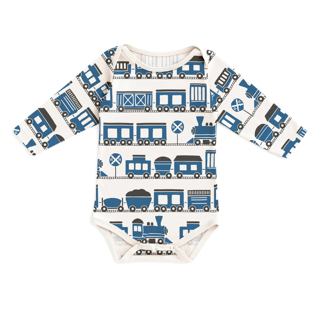Long Sleeve Snapsuit, Trains Blue
