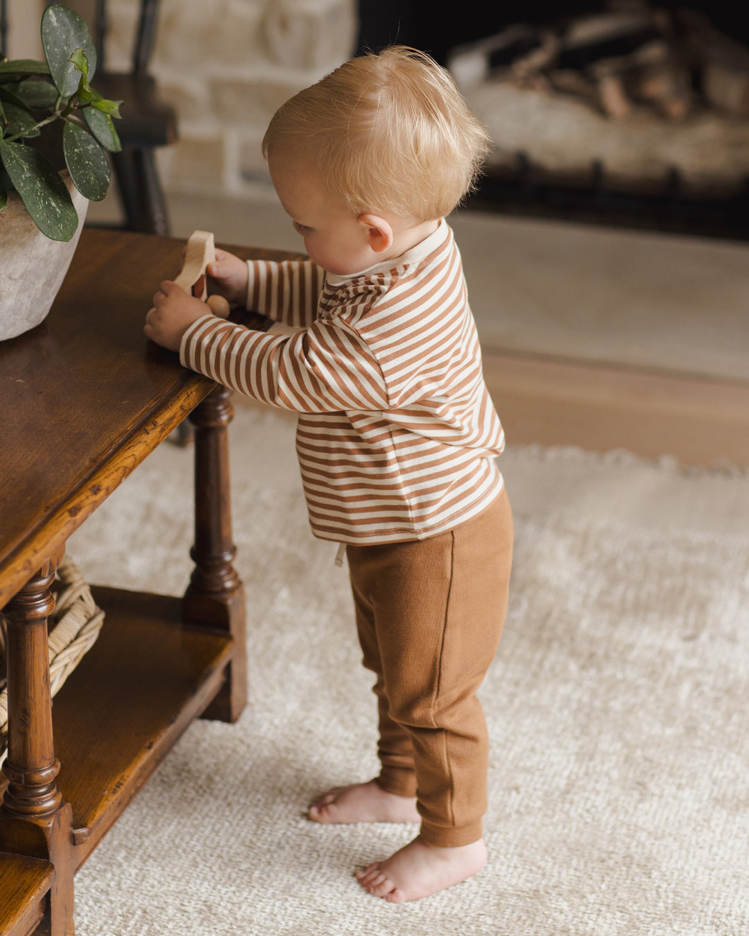 L/S Henley Tee, Cinnamon Stripe