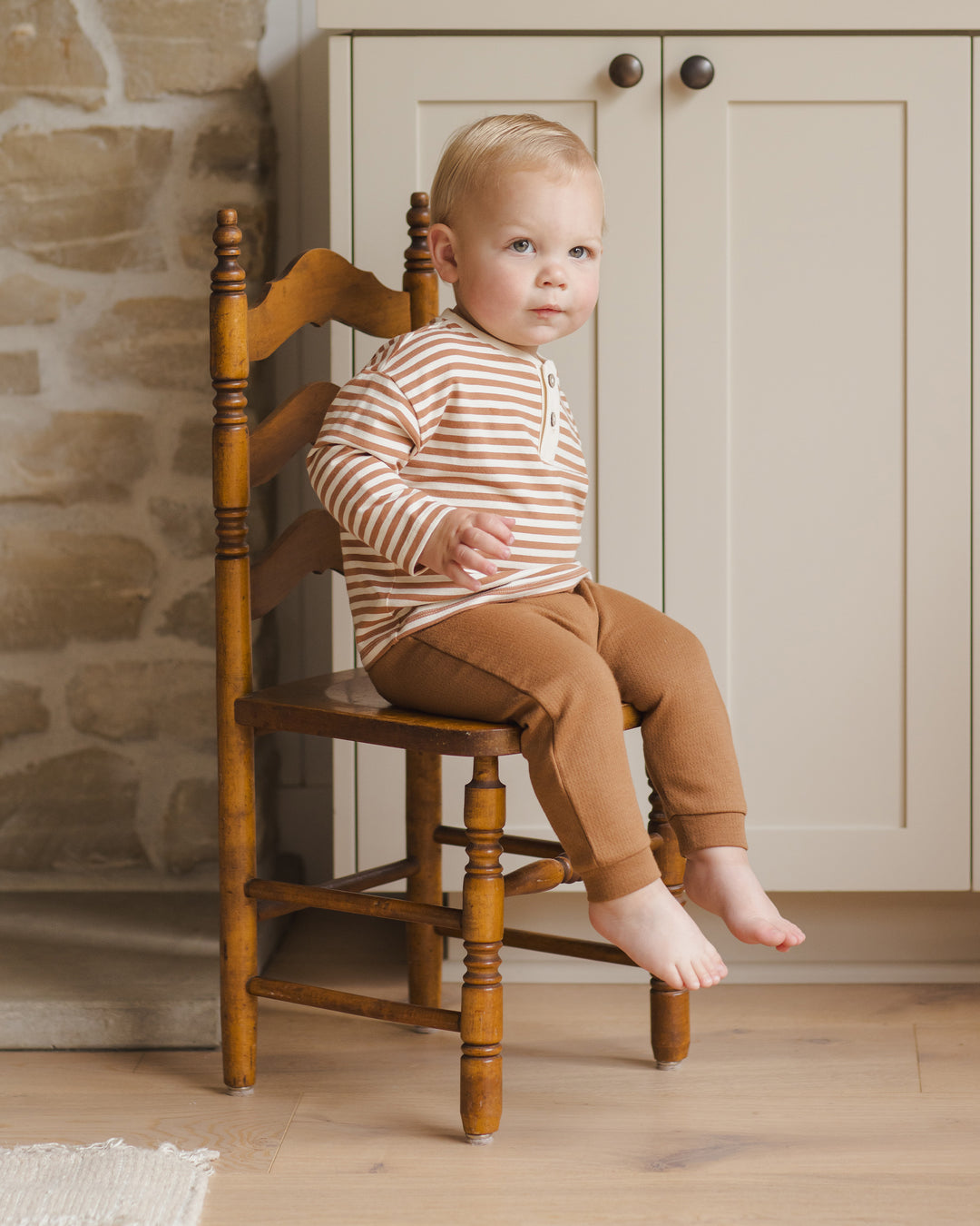 L/S Henley Tee, Cinnamon Stripe