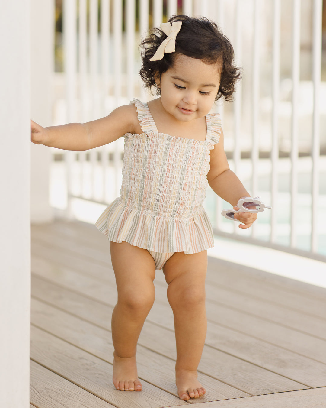 Smocked One-Piece Swimsuit, Multi Stripe