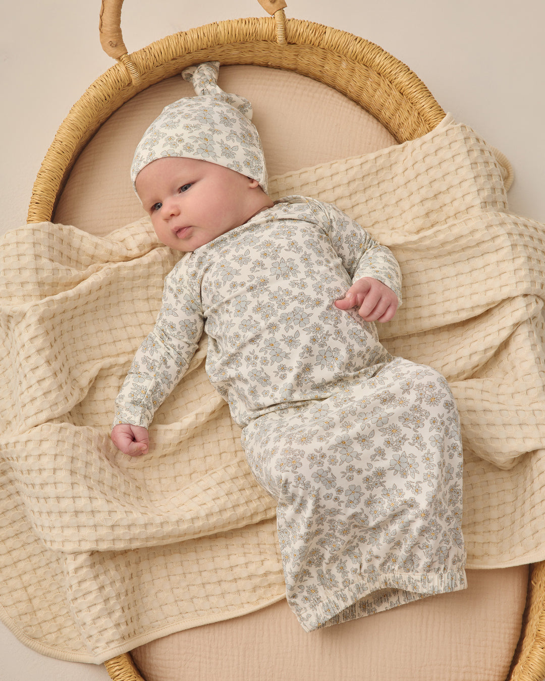 Bamboo Baby Gown + Hat Set, Blue Floral