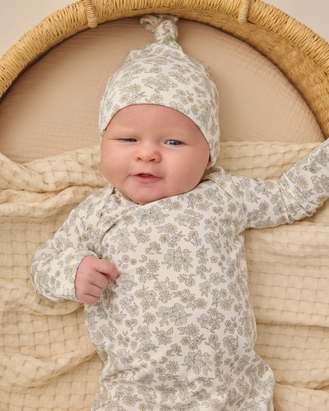 Bamboo Baby Gown + Hat Set, Blue Floral