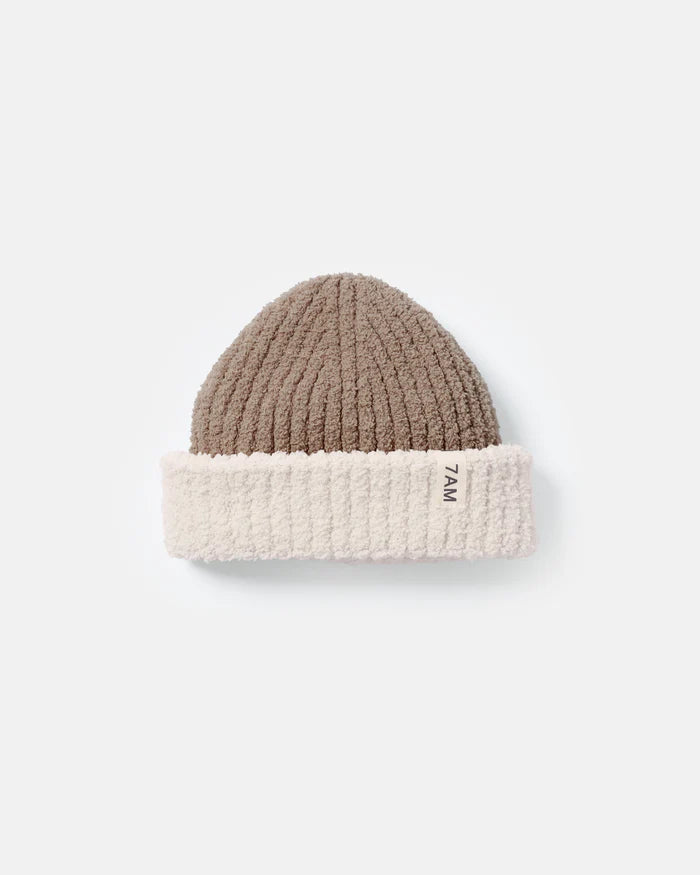 2-Tone Ribbed Beanie Fuzzy, Taupe Ecru