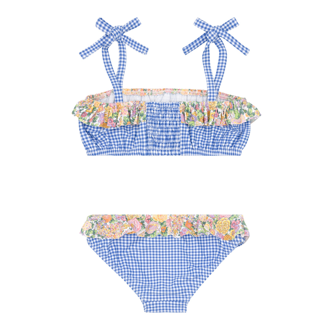 Bandeau Tie Strap Bikini w/ Ruffle, Blue Micro Gingham