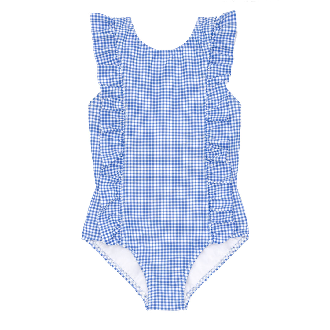 Ruffle One Piece, Blue Micro Gingham