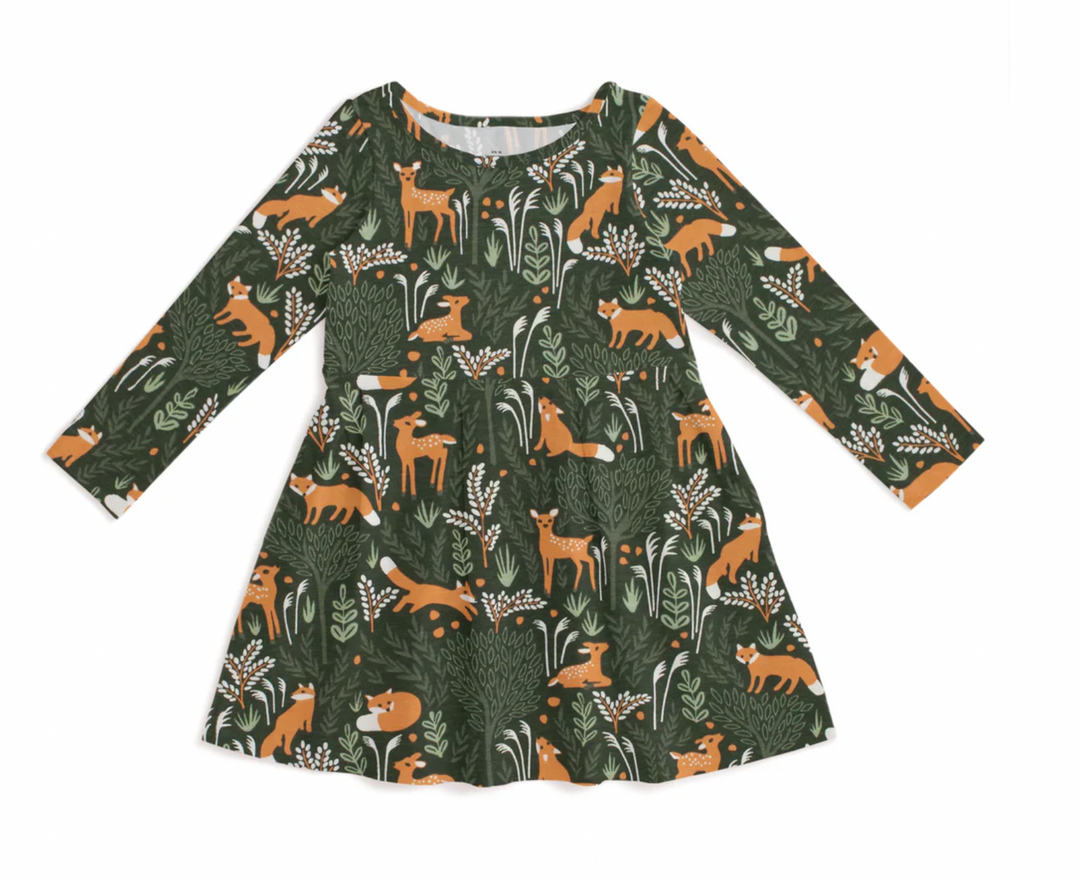 Madison Dress, Deer & Foxes Dark Green