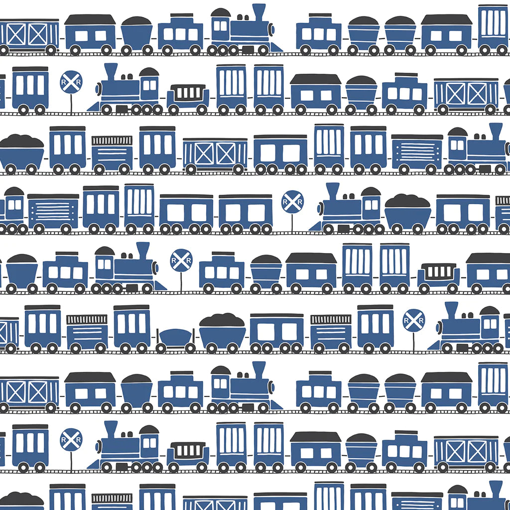 Long-Sleeve Romper, Trains Blue