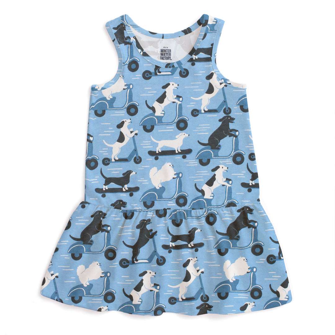 Valencia Dress, Dogs on Scooters Blue