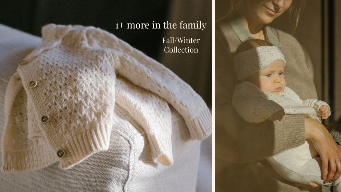 A split-panel promotional image for a baby knit collection. The left panel shows a cream knit baby cardigan and matching knit pieces draped on a sofa, with text reading '1+ more in the family Fall/Winter Collection.