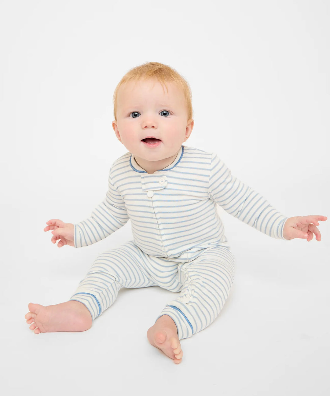 Ziggy Zip Romper, Dusty Blue Mini Stripe