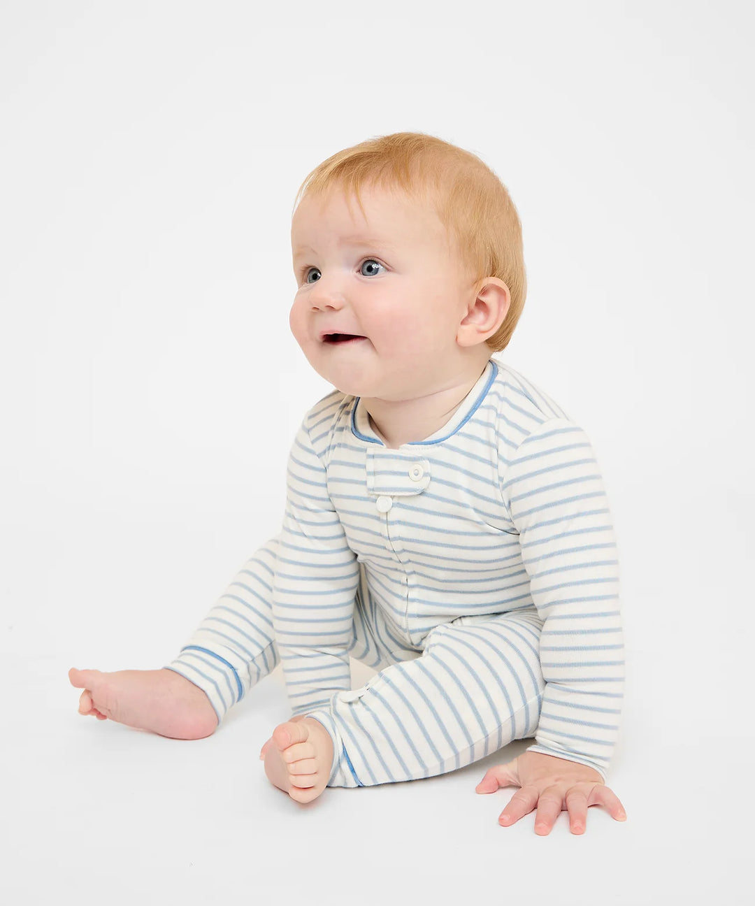 Ziggy Zip Romper, Dusty Blue Mini Stripe