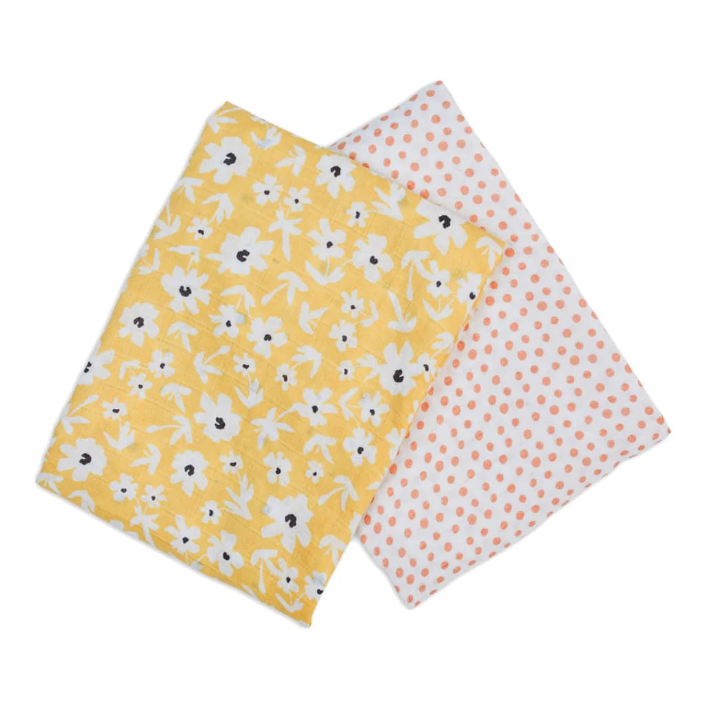Cotton Swaddle 2 Pack, Yellow Wildflowers & Dots