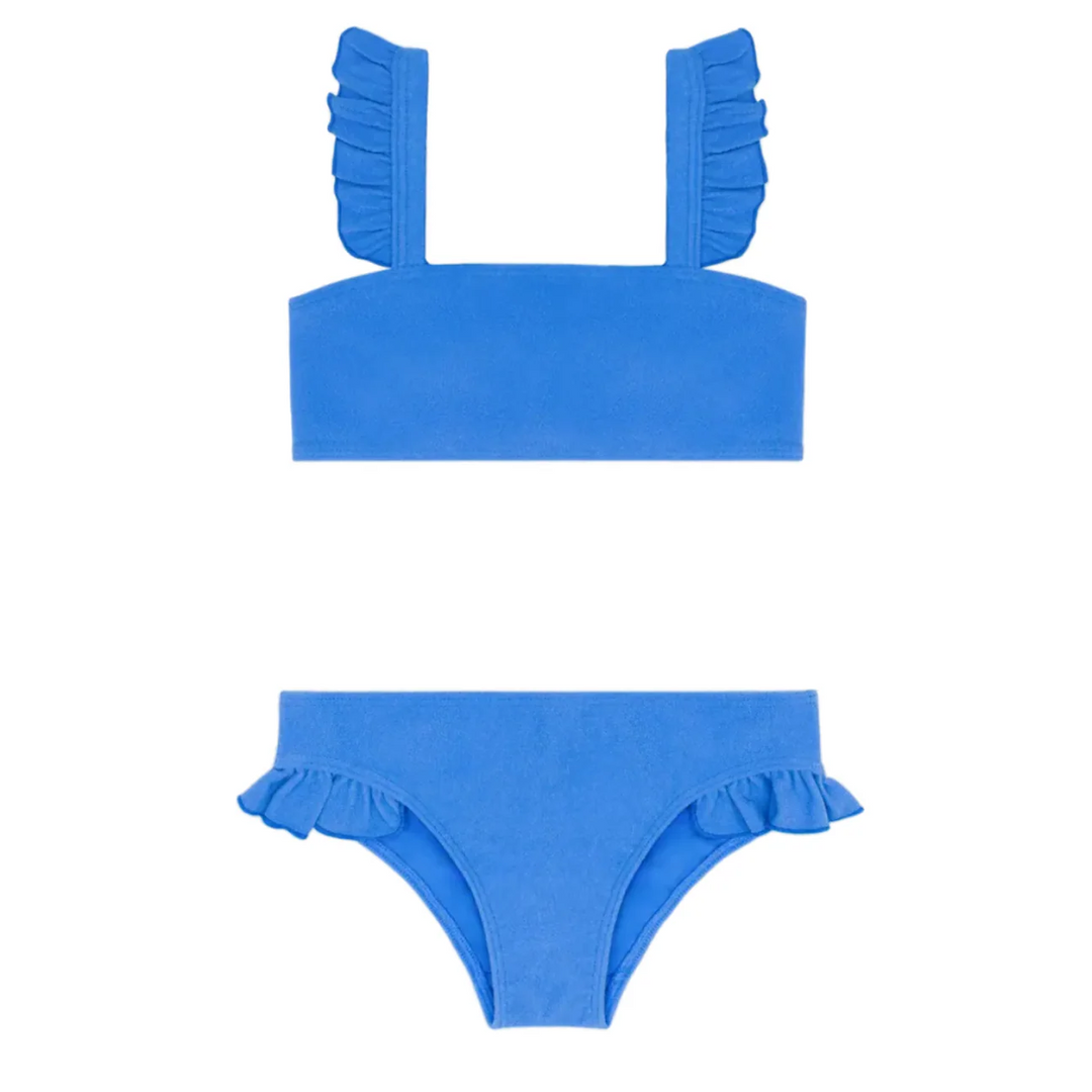 Ruffle Strap Bandeau Bikini, Deep Sea Blue Terry