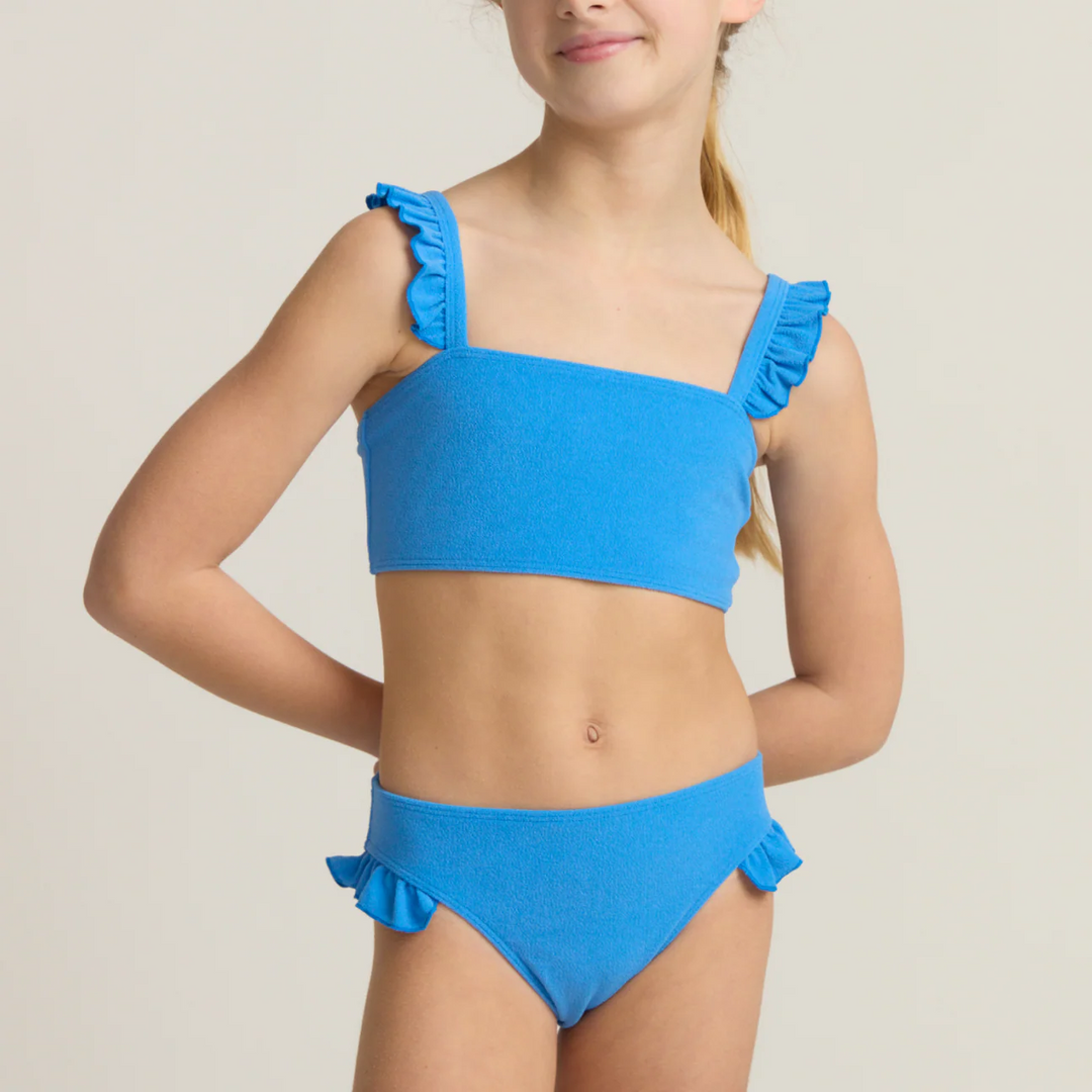 Ruffle Strap Bandeau Bikini, Deep Sea Blue Terry