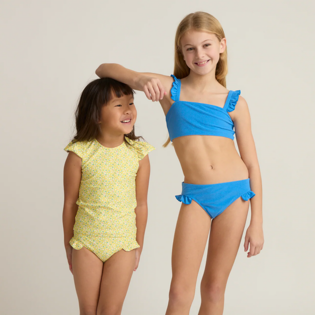 Ruffle Strap Bandeau Bikini, Deep Sea Blue Terry
