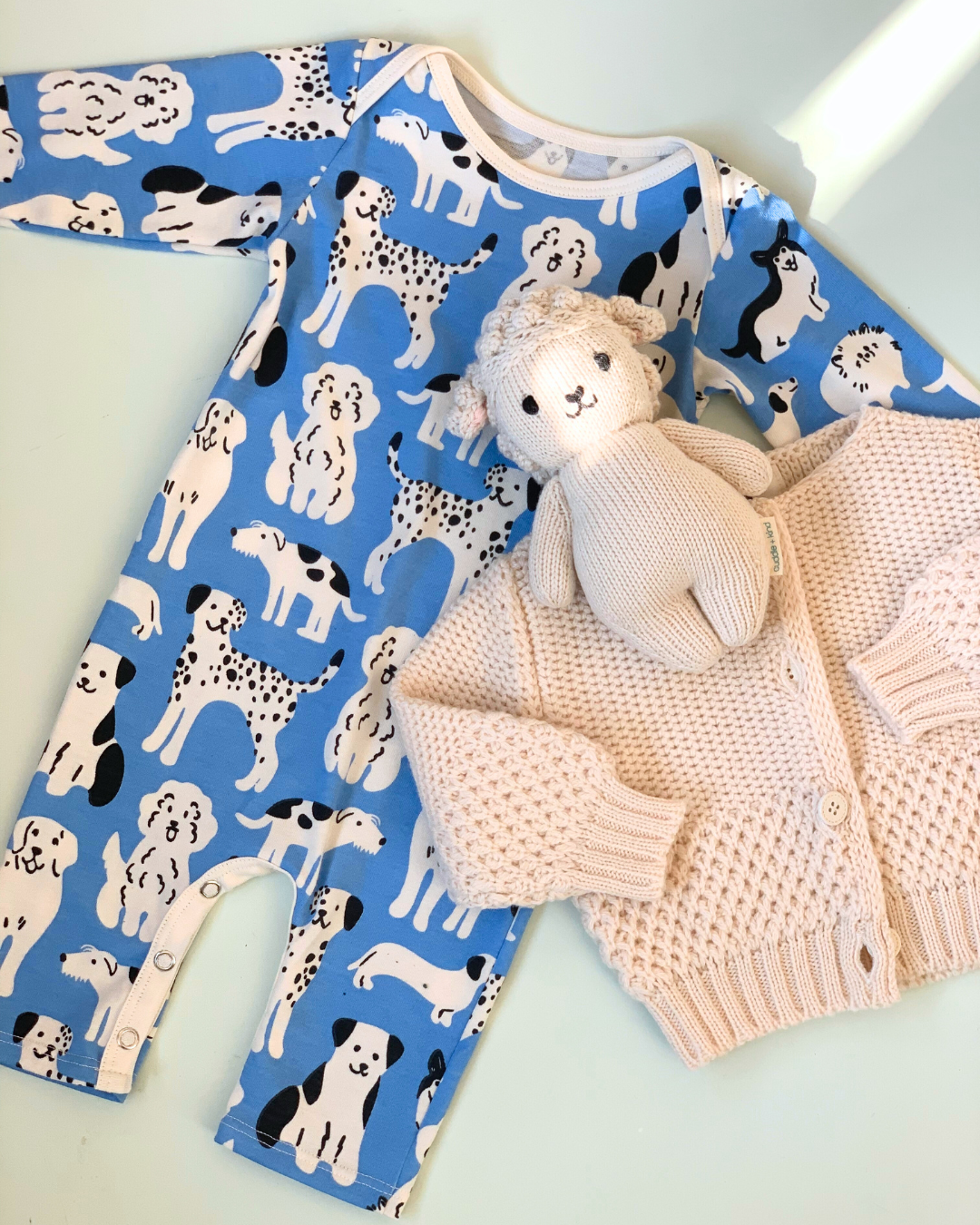 L/S Romper, Dog Parade Blue